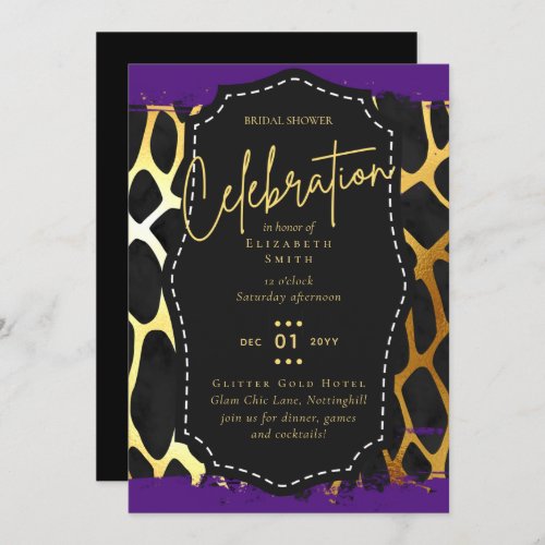 LeahG Glam Gold Purple Animal Prints Bridal Shower Invitation