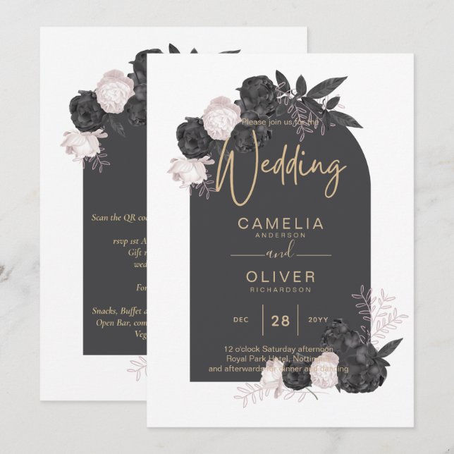 LeahG Gray Pink Roses Modern Fall Winter Wedding  Invitation (Front/Back)