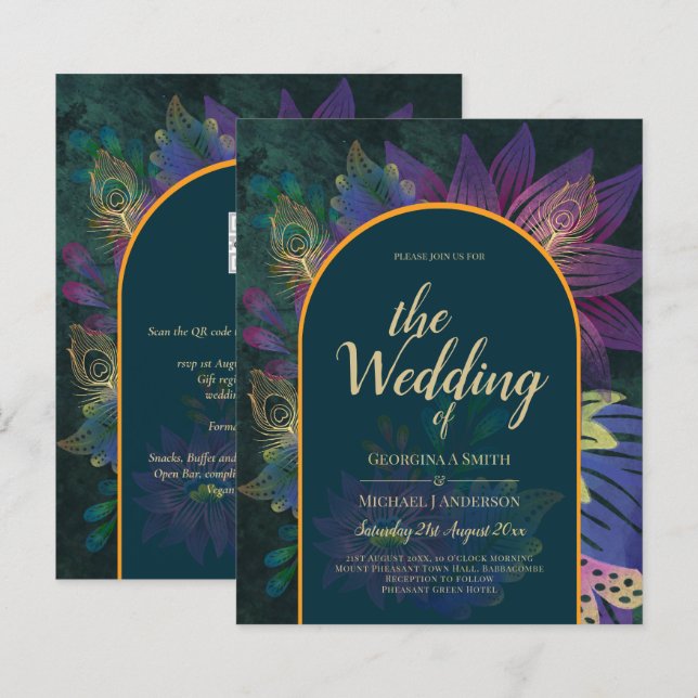 LeahG Green Purple Gold JEWEL TONES Wedding INVITE (Front/Back)