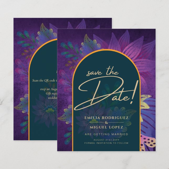 LeahG Green Purple Gold JEWEL TONES Wedding INVITE (Front/Back)