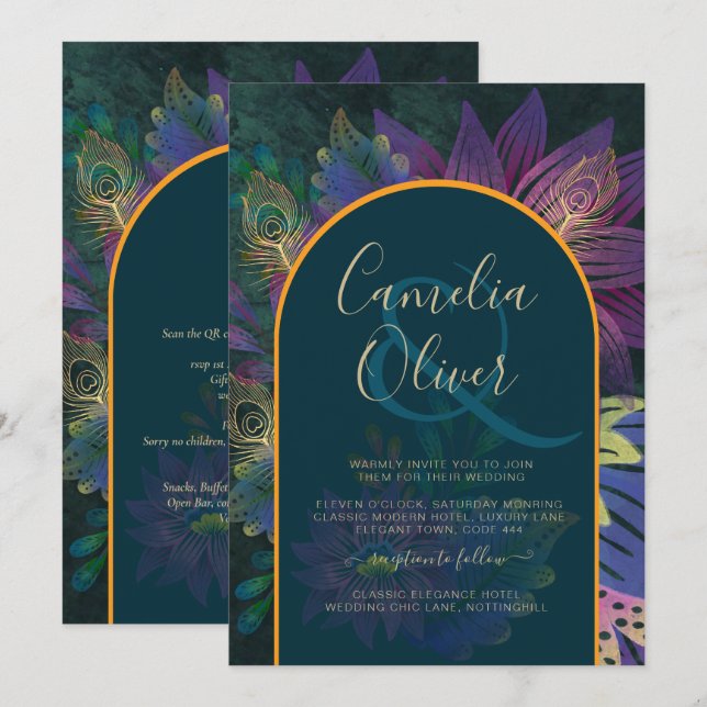 LeahG Green Purple Gold JEWEL TONES Wedding INVITE (Front/Back)