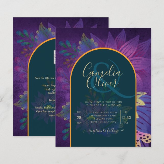 LeahG Green Purple Gold JEWEL TONES Wedding INVITE (Front/Back)
