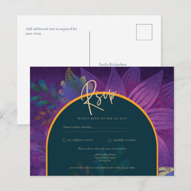 LeahG Green Purple Gold JEWEL TONES Wedding INVITE (Front/Back)