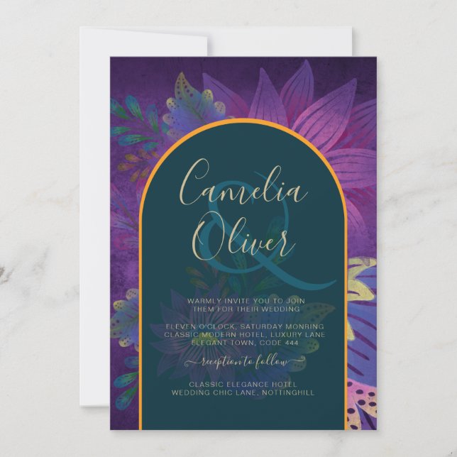 LeahG Green Purple Gold JEWEL TONES Wedding INVITE (Front)