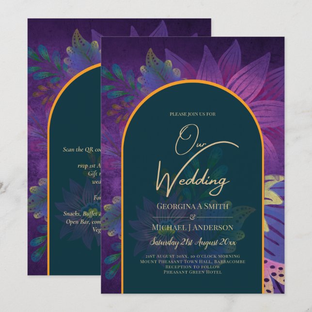 LeahG Green Purple Gold JEWEL TONES Wedding INVITE (Front/Back)
