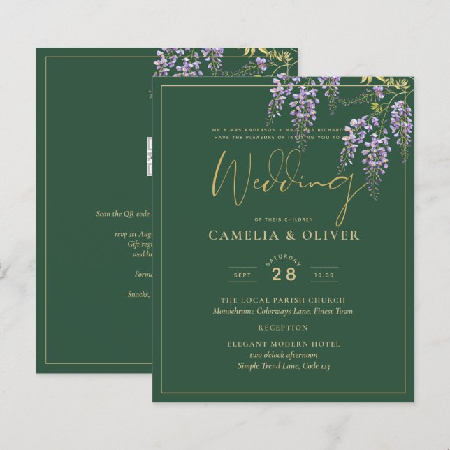 LeahG Green Purple Gold WISTERIA Wedding INVITE (Front/Back)