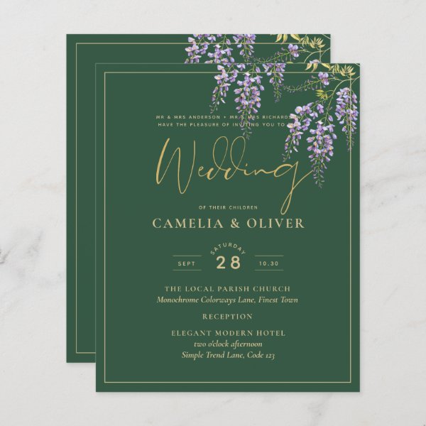LeahG Green Purple Gold WISTERIA Wedding INVITE