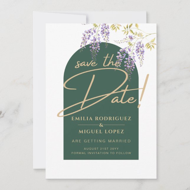 LeahG Green Purple Gold WISTERIA Wedding INVITE (Front)