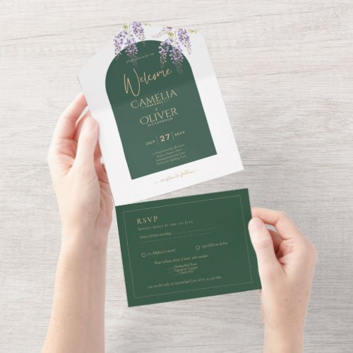 LeahG Green Purple Gold WISTERIA Wedding INVITE