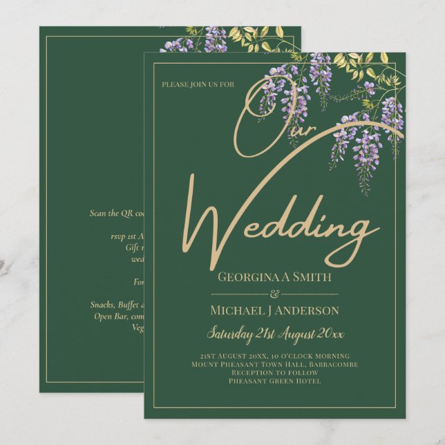 LeahG Green Purple WISTERIA Wedding INVITE (Front/Back)