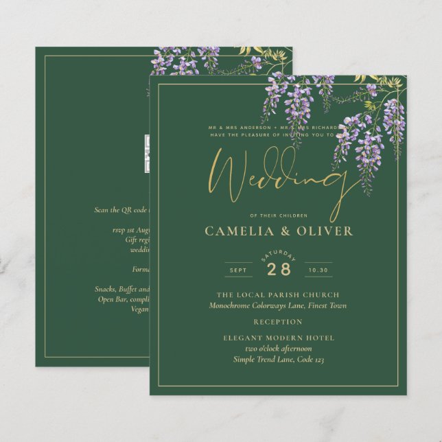 LeahG Green Purple WISTERIA Wedding INVITE (Front/Back)