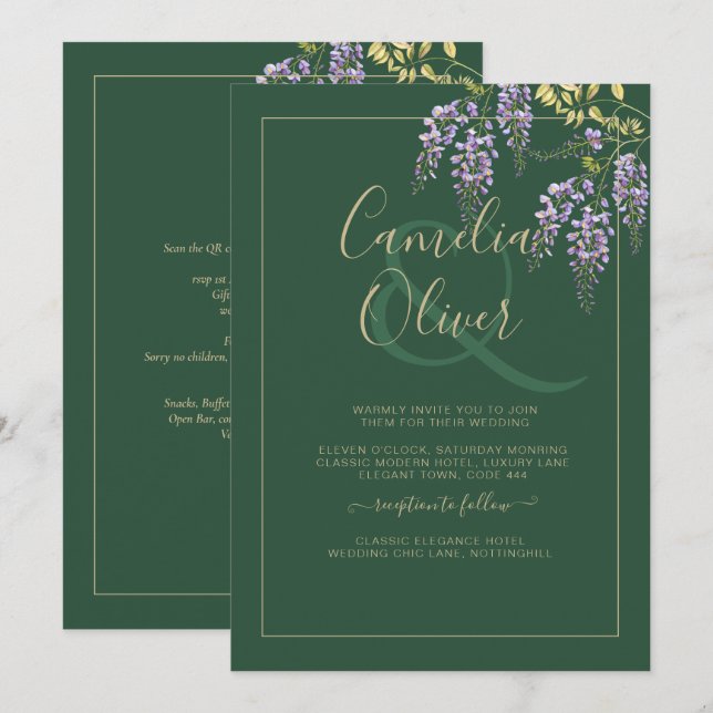 LeahG Green Purple WISTERIA Wedding INVITE (Front/Back)