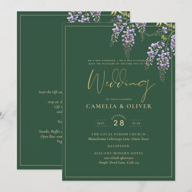 LeahG Green Purple WISTERIA Wedding INVITE (Front/Back)