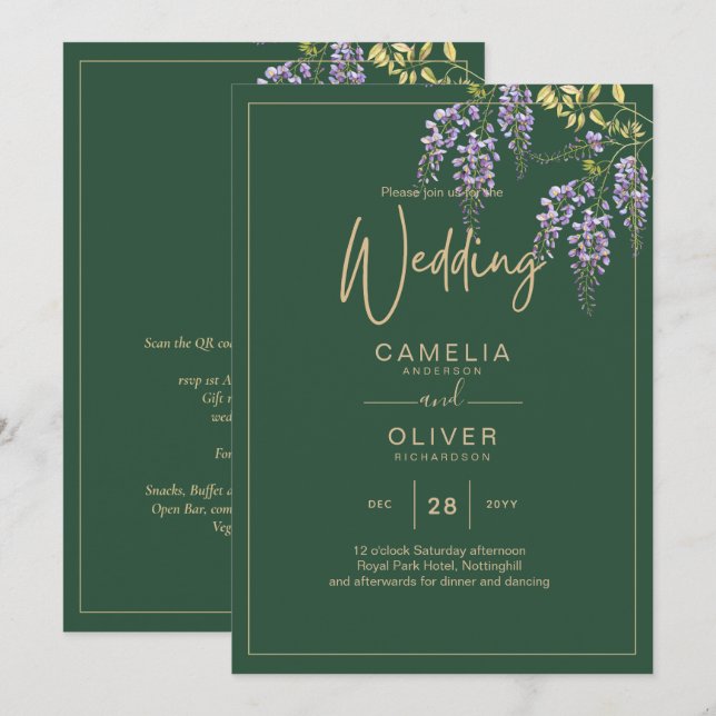 LeahG Green Purple WISTERIA Wedding INVITE (Front/Back)