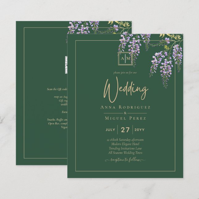 LeahG Green Purple WISTERIA Wedding INVITE (Front/Back)