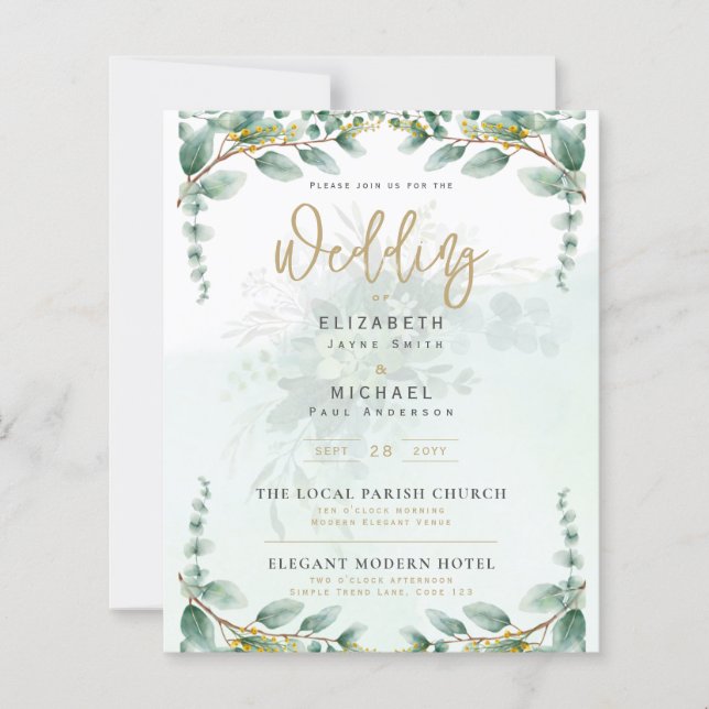 LeahG Greenery Eucalyptus Gold Wedding Invite QR C (Front)