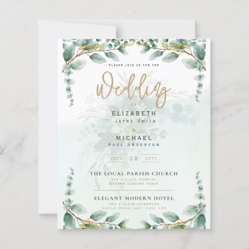 LeahG Greenery Eucalyptus Gold Wedding Invite QR C