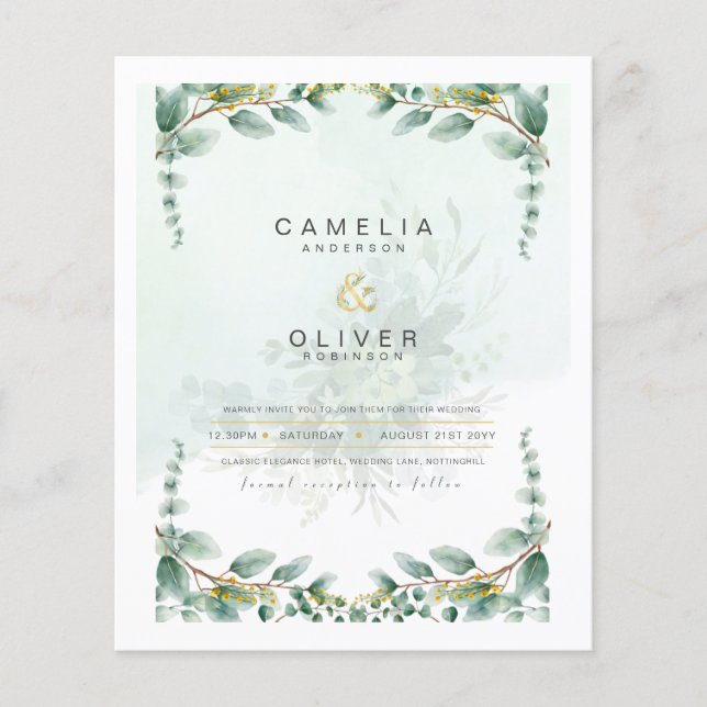 LeahG Greenery Eucalyptus Gold Wedding Invite QR C Flyer (Front)