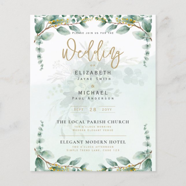 LeahG Greenery Eucalyptus Gold Wedding Invite QR C Flyer (Front)