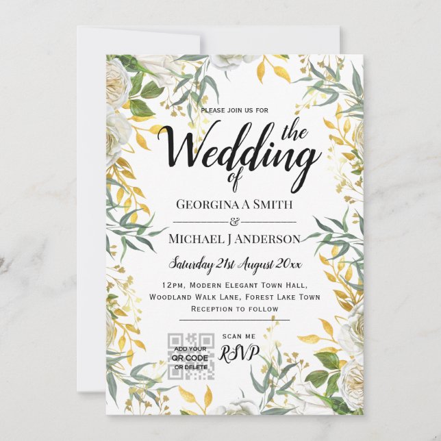 LeahG Greenery Gold Wedding QR CODE RSVP INVITE (Front)