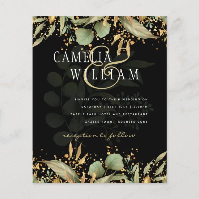 LeahG Greenery Leaves Black Gold Wedding Invite Flyer (Front)
