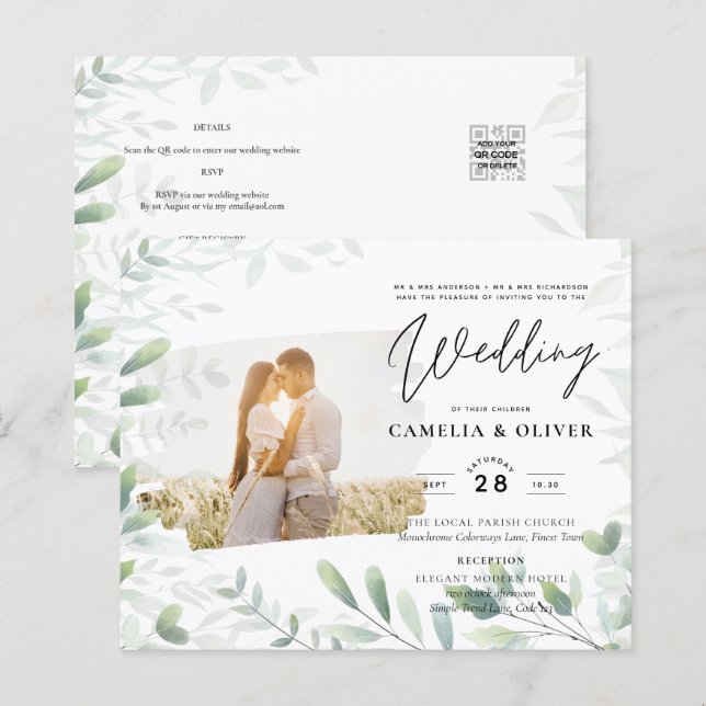 LeahG Greenery Leaves PHOTO OVERLAY Wedding Invite (Front/Back)