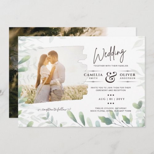 LeahG Greenery Leaves PHOTO OVERLAY Wedding Invite