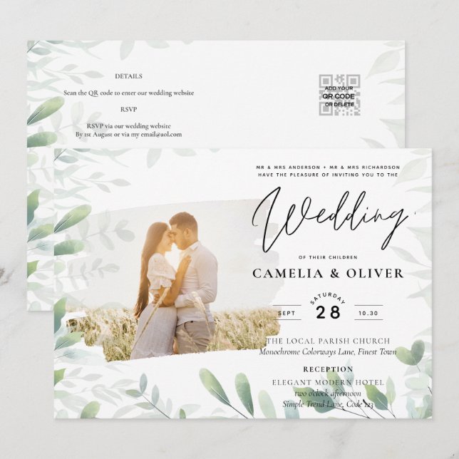 LeahG Greenery Leaves PHOTO OVERLAY Wedding Invite (Front/Back)