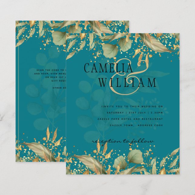 LeahG Greenery Sea Glass Teal Gold Wedding Invite (Front/Back)