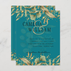 LeahG Greenery Sea Glass Teal Gold Wedding Invite