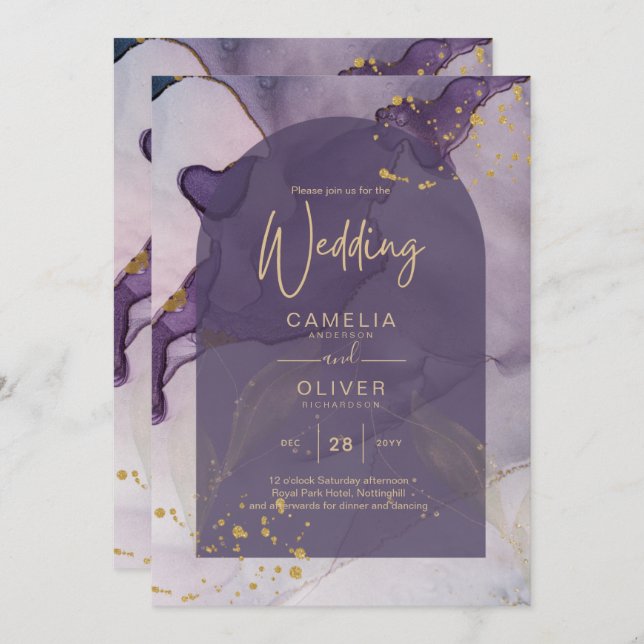 LeahG Ink Ombre Purple Lavender Gold Wedding Invitation (Front/Back)