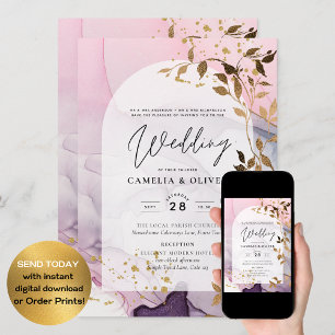 LeahG Ink Ombre Purple Pink Pink Gold Wedding Invitation