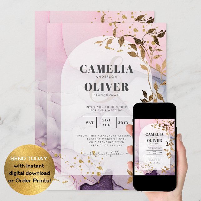 LeahG Ink Ombre Purple Pink Pink Gold Wedding Invitation (Creator Uploaded)