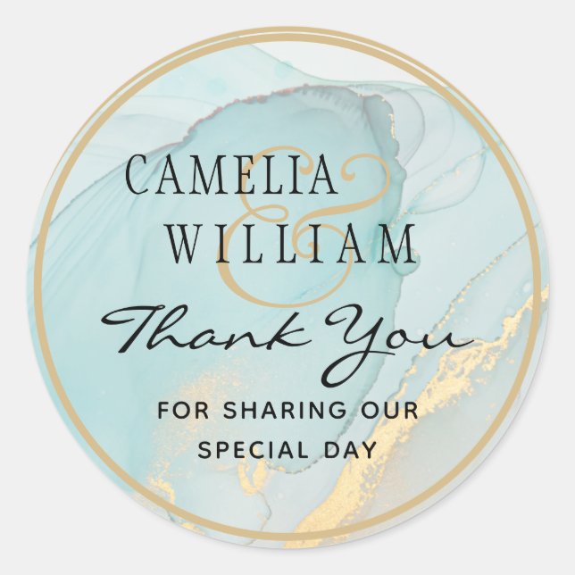 LeahG INK Sea Glass Teal Gold Wedding Favor Classic Round Sticker (Front)
