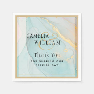 LeahG INK Sea Glass Teal Gold Wedding Napkins