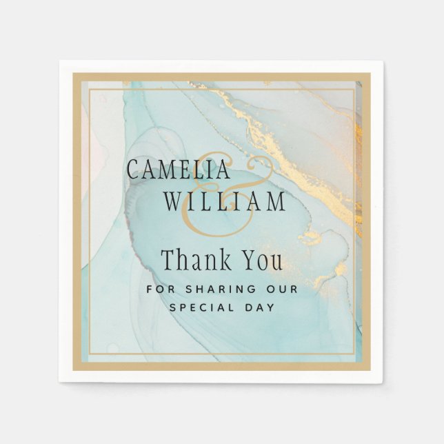 LeahG INK Sea Glass Teal Gold Wedding Napkins (Front)