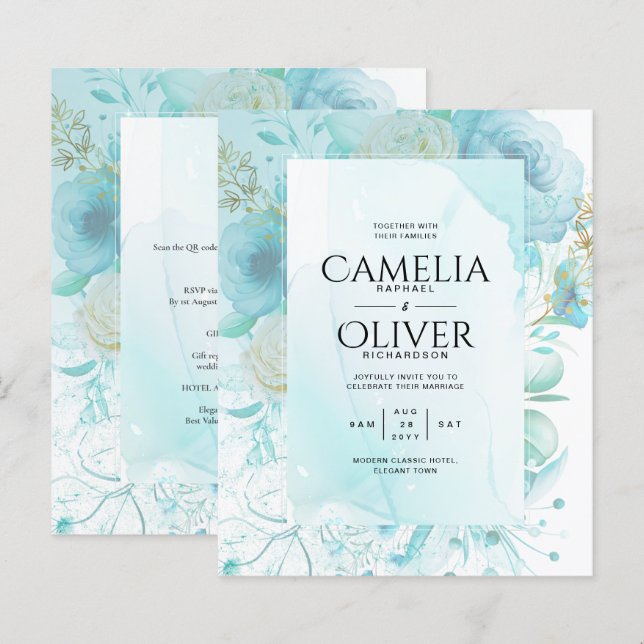 LeahG INK Sea Glass Turquoise Aqua Abstract INVITE (Front/Back)