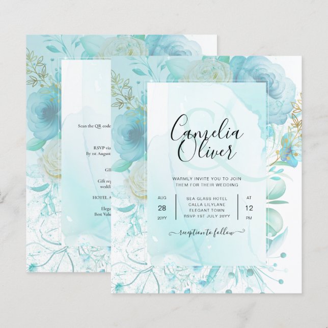 LeahG INK Sea Glass Turquoise Aqua Abstract INVITE (Front/Back)