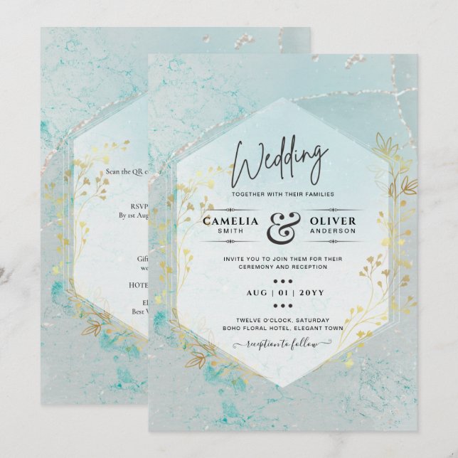 LeahG INK Sea Glass Turquoise Gold Aqua INVITE (Front/Back)