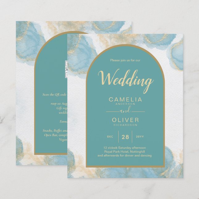 LeahG INK Sea Glass Turquoise Teal Gold INVITE (Front/Back)