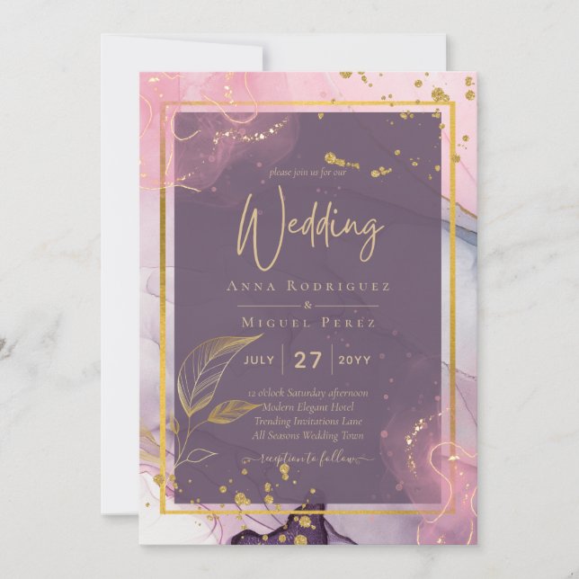 LeahG® Lavender INK Mauve Purple Gold Wedding Invitation (Front)