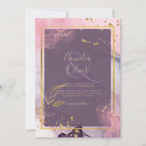 LeahG Lavender INK Mauve Purple Gold Wedding Invitation
