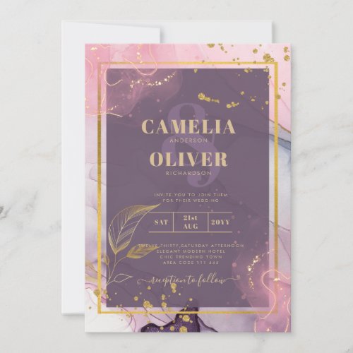 LeahG Lavender INK Mauve Purple Gold Wedding Invitation