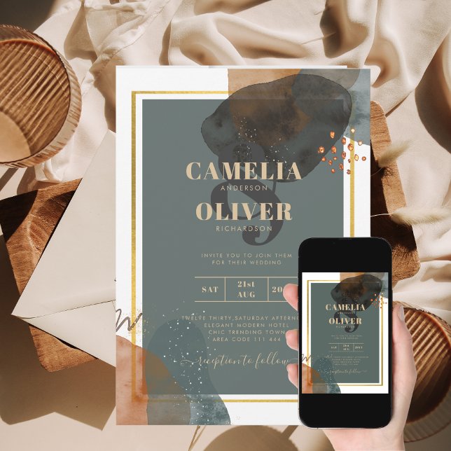 Leahg Modern Abstract TEAL EARTH TONES Bold Quirky Invitation (Creator Uploaded)