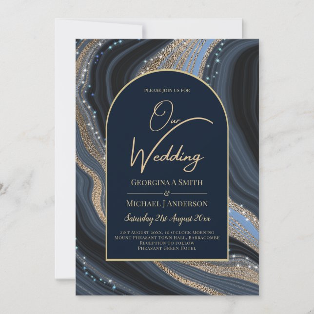 LeahG Navy Blue Gold Agate STARRY NIGHT Wedding  Invitation (Front)