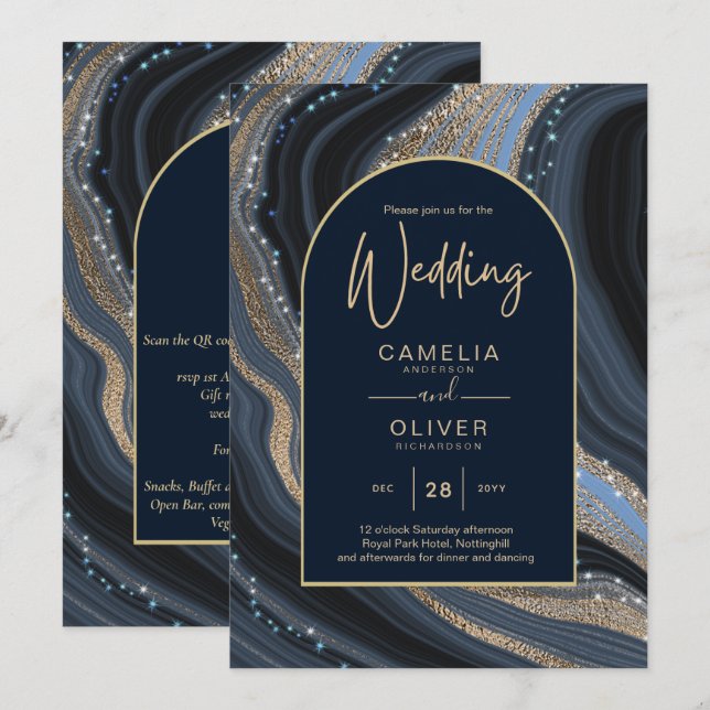 LeahG Navy Blue Gold Agate STARRY NIGHT Wedding  Invitation (Front/Back)