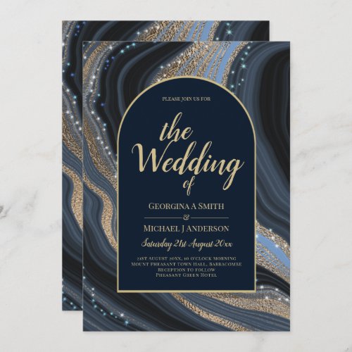 LeahG Navy Blue Gold Agate STARRY NIGHT Wedding  Invitation