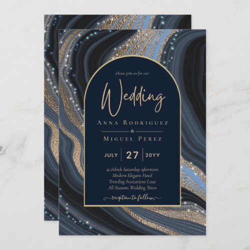 LeahG Navy Blue Gold Agate STARRY NIGHT Wedding  Invitation