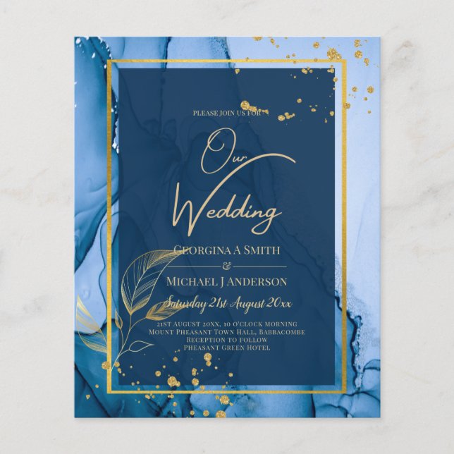LeahG® Navy Blue Gold Alcohol Ink Wedding Flyer (Front)
