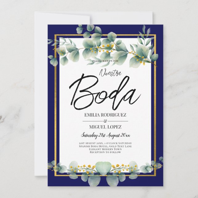 LeahG NAVY BLUE GOLD Greenery Eucalyptus Wedding Invitation (Front)